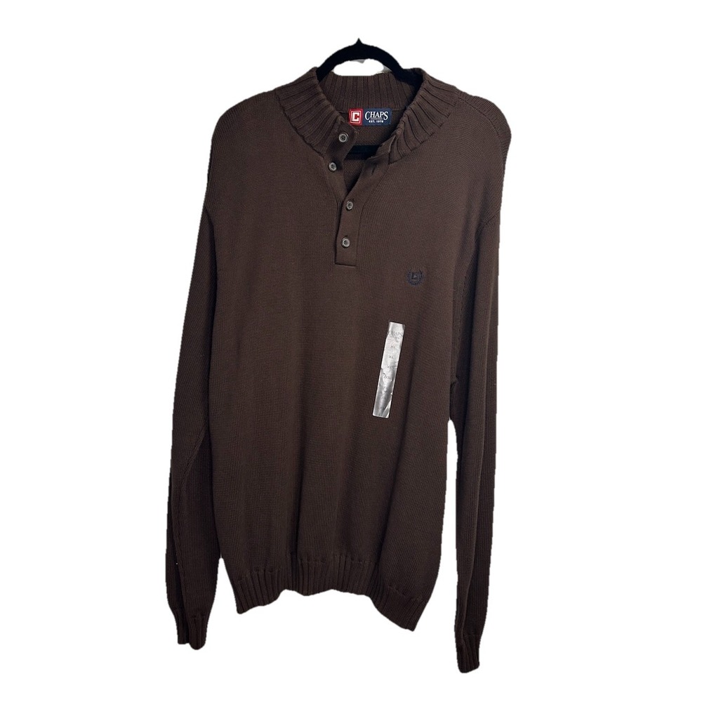 New Chaps Henley Sweater Men's XL Brown Knit Preppy Grandpa Dad Cotton Logo $60